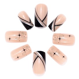 Handcess 24 Pieces Square French False Nails Medium Pink Press On Black Wavy Lines Acrylic False Nails Coffin Stick on for Women and Girls