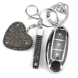 YIKECASE Key Fob Cover with Diamond Keychain, Car Key Holder Compatible with Nissan Altima Rogue Sentra Pathfinder Frontier Maxima Titan Murano Kicks Juke Versa Armada GTR, 3 Buttons (Black-Heart)