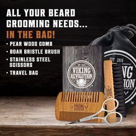 Viking Revolution Beard Comb & Beard Brush Set for Men -- Natural Boar Bristle Brush and Dual Action Pear Wood Comb w/Velvet Travel Pouch - Great for Grooming Beards and Mustaches