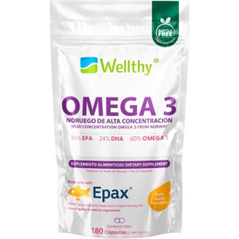 Wellty Omega 3 Salmón Noruego Epax® 180 Cápsulas. El aceite de pescado Epax® está ultraconcentrado en omega 3 con un 36% de EPA y un 24% de DHA. Cápsula de Gelatina Blanda, Bottle Free