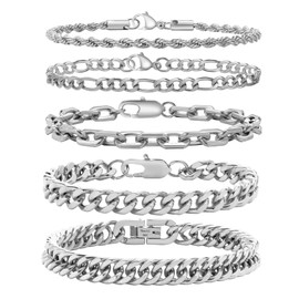 Men's Bracelet Silver Stainless Steel 5 Pieces – Men's Bracelets Curb Chain Figaro Link Bracelet Men's Bracelet Set for Boys Men Gift for Dad Son Brother Husband 19/21/23 cm, Stainless Steel, No