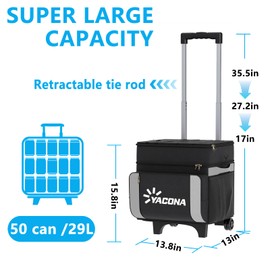 Cooler with Wheels and Handle, 50 Can Rolling Cooler, Portable Collapsible Soft Cooler with Wheels, Leakproof Insulated WheeledCooler for Beach, Camping, Patio Travel, Outdoor, Ball Fields