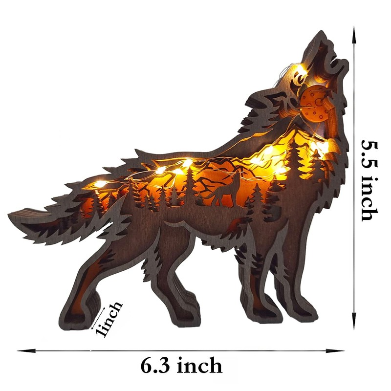 Zagxuade Wooden Wolf Decor with Light, Forest Animals Table Decor,