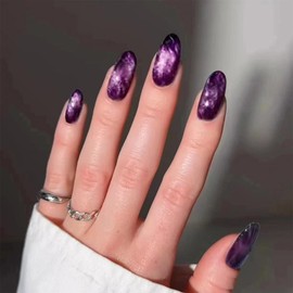 Purple Cat Eye Press on Nails Medium Oval Fake Nails Glossy Glitter Ombre Acrylic Nails Press ons Purple Gradient Glue on Nails Bling Shiny Almond Artificial Nails for Women Manicure 24 pcs