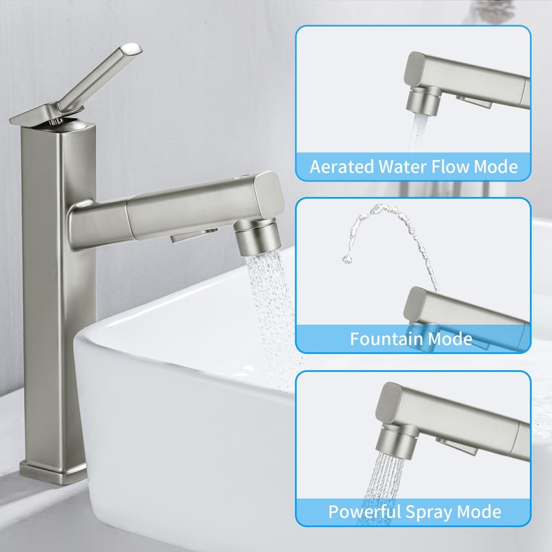 HANLIAN Single Hole Bathroom Pull Out Faucet with Rotating Spout,