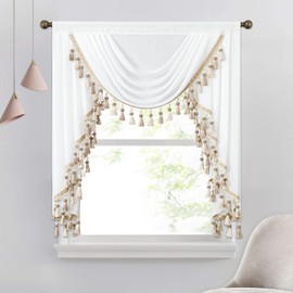 VOGOL Luxury Sheer Valance Curtains for Living Room, 39 Inches Wide Vintage Style Waterfall Valance for Wedding Party Home Window Decorations, 1 Panel, White