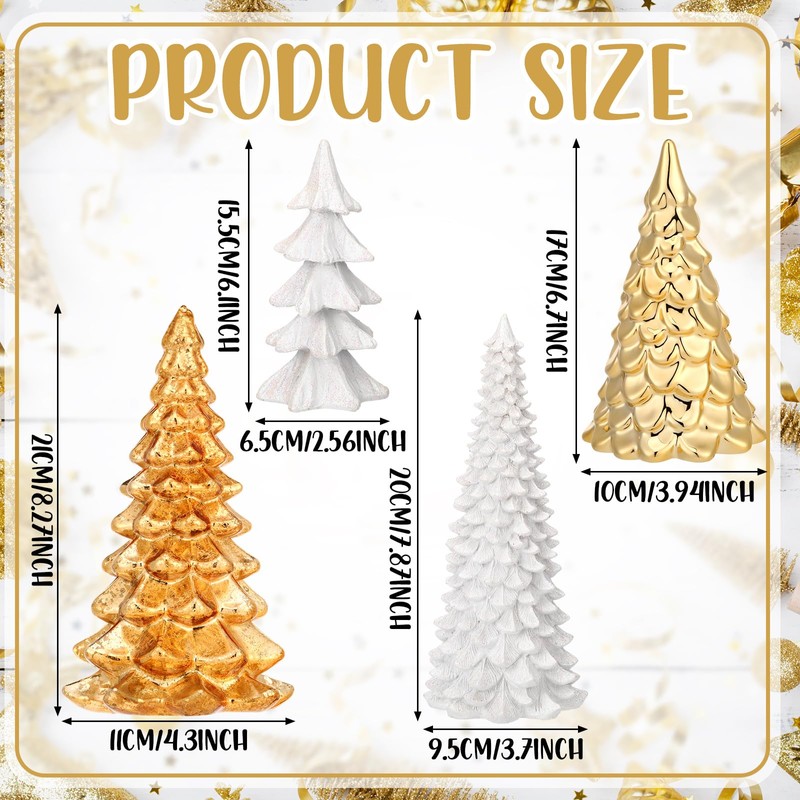 4 Pack Christmas Tree Table Decoration Gold Glass Ceramic Glitter