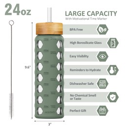 MUKOKO 24oz Glass Water Bottle with 2 Lids-Handle Flip Lid&Bamboo Straw Lid,Motivational Water Tumbler with Time Marker Reminder and Silicone Sleeve, Leakproof-Olive