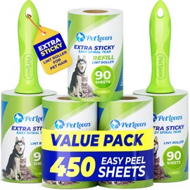 PetLovers Extra Sticky Lint Roller Mega Value Set 450 Sheets for Pet Hair Removal, Dog and Cat Lint Remover 5 Pack Green
