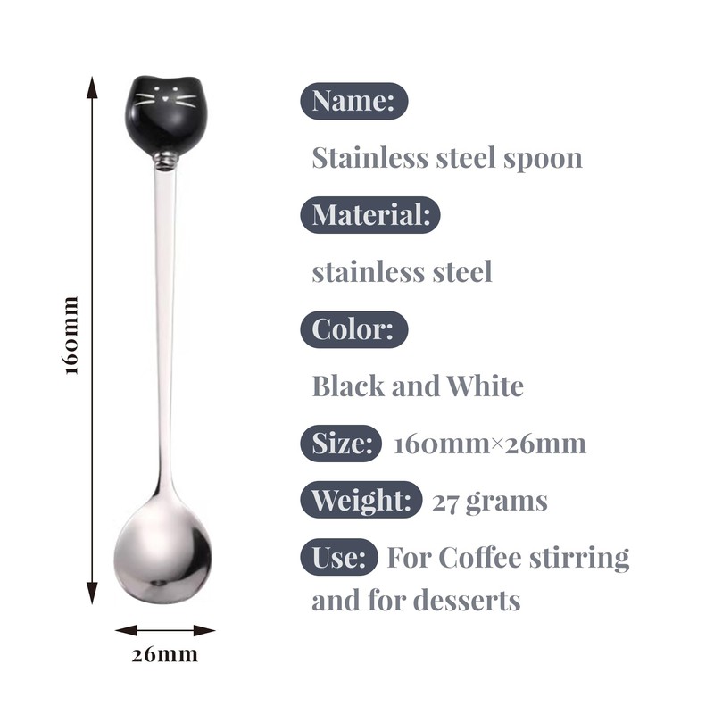 Cute Cat-Shaped Coffee Spoon Set - Black and White Cat
