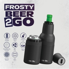 Asobu Frosty Beer Holder 2 Go Vacuum Insulated Double Walled Stainless Steel Beer Can and Bottle Cooler with Beer Opener, Bpa Free, Fits Standard 12oz Bottles, Gift for Beer Lovers (Midnight Black)