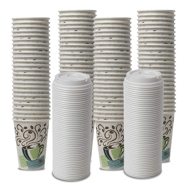 Dixie PerfecTouch WiseSize Coffee Design Insulated Paper Cup, 12oz Cups and Lids Bundle (12 oz, 150 Cups, 150 Lids)