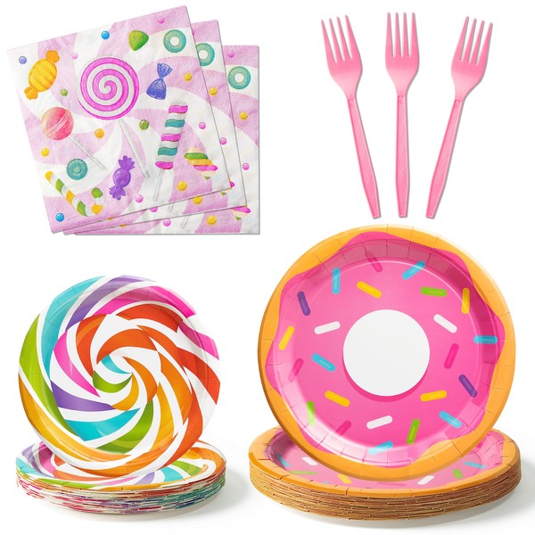 WATINC 96pcs Candyland Party Tableware Set, Candy Donut Birthday Table Decorations Supplies for 24 Guests, Sweet Lollipop Dessert Plates Napkins Forks Parties Favors for Girls