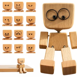 SurPse Shaking Wooden Man Figurine, Wooden Man with Wobbly Legs, Figure That Sways with 12Pcs Emoticon Magnetic, Handmade Wood Shake Auto Ornament, Fun Car Dashboard Accessories & Desk Deco