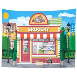 Loccor Grocery Store Tapestry for Kids Photography Small Cartoon Supermarket Glass Showcase Cityscape Wall Hanging Home Bedroom Art Wall Decor 60L'' x 50W''
