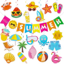 Summer Party Decorations, Summer Bunting Banner Pool Beach Hanging Swirl Streams Decoration Hawaiian Tropical Party Decoration for Summer Holiday Beach Garden Birthday Supplies
