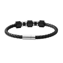 Van Heusen Men Braid Leather Bracelet with Three Stainless Steel Ornaments (Black, Stainless Steel)