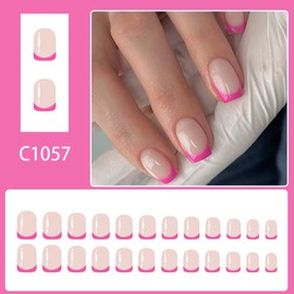 Pink French Tip Press on Nails Short Square Fake Nails with Designs Daily Wear False Nails Press ons Glossy Nude Full Cover Glue on Nails Reusable Acrylic Stick on Nail for Women Manicure 24Pcs