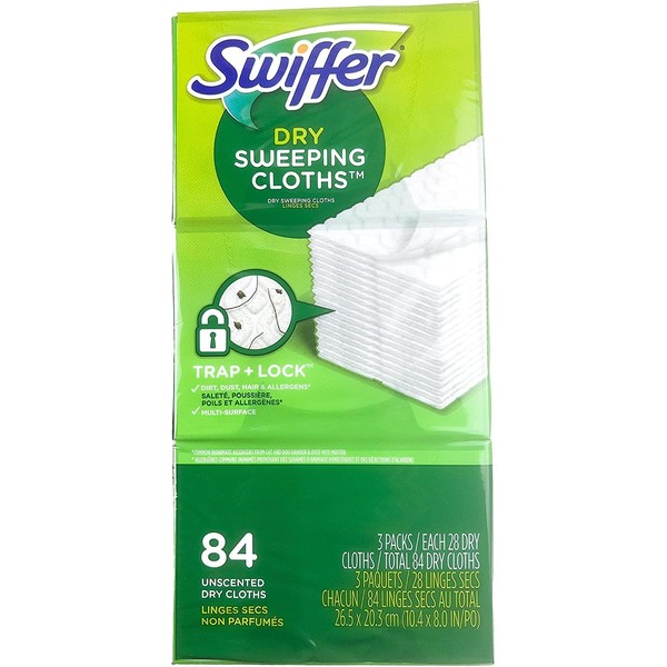 Swiffer Sweeper - Paños de barrido secos, 84 unidades, recambios de fregona sin aroma para fregona y limpieza, recambios de fregona de piso de madera dura y multisuperficie, 84 unidades