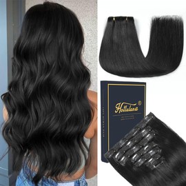 HotLulana Clip-In Real Hair Extensions, 120 g, 7 Pieces, 55 cm, Jet Black Clip Extensions, Real Hair, Invisible, 22 Inches, Remy Real Hair Extensions, Clip-In Extensions, Skin Weft, Natural Hair
