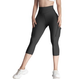 Nuofengkudu Cropped Leggings for Women UK High Waisted Cargo Pockets Tummy Control Walking Ladies Cut off Legging 3 Quarter Length Tights Joggers Soft Capri Crop Pants Sports Gym Black 3XL