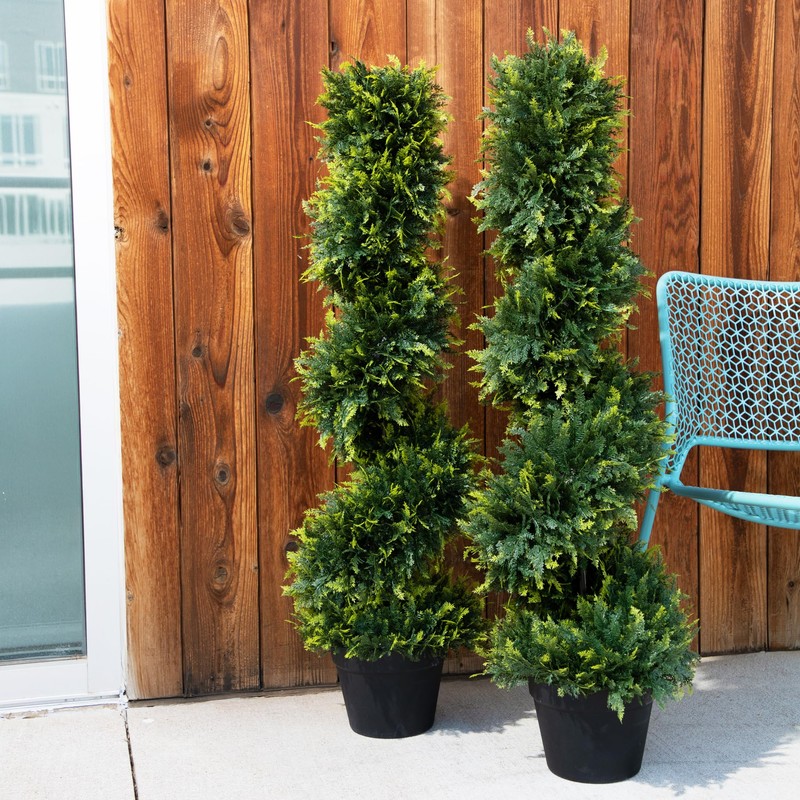 2-Pack Faux Cedar Spiral Topiary Trees - 3.2ft Tall -