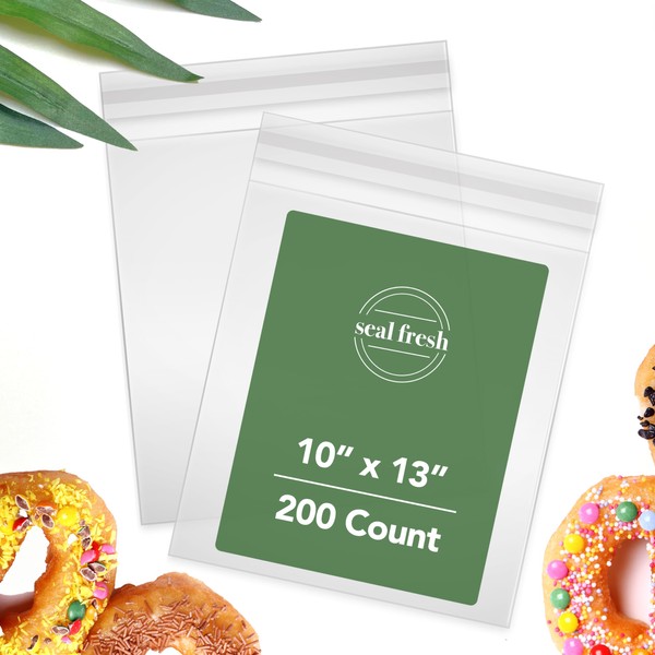 Seal Fresh Cellophane Bags – 10" x 13" (200 Count) – Clear Plastic Resealable Self Sealing Cellophane Bag – Cellophane Treat Bags, Cookie Bags for Packaging, Candy Bags, Cello Bags, Pastry Bags