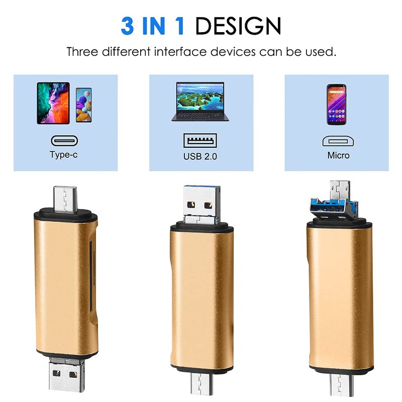 Memory Card Reader, USB, Type-C, Micro 3-in-1, MicroSD/USB Multi-Card Reader,