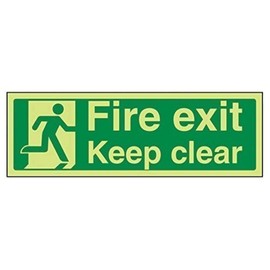 V Safety 14011AX-G Glow In The Dark Fire Exit Keep Clear Sign - 300mm x 100mm - Rigid Plastic, Green