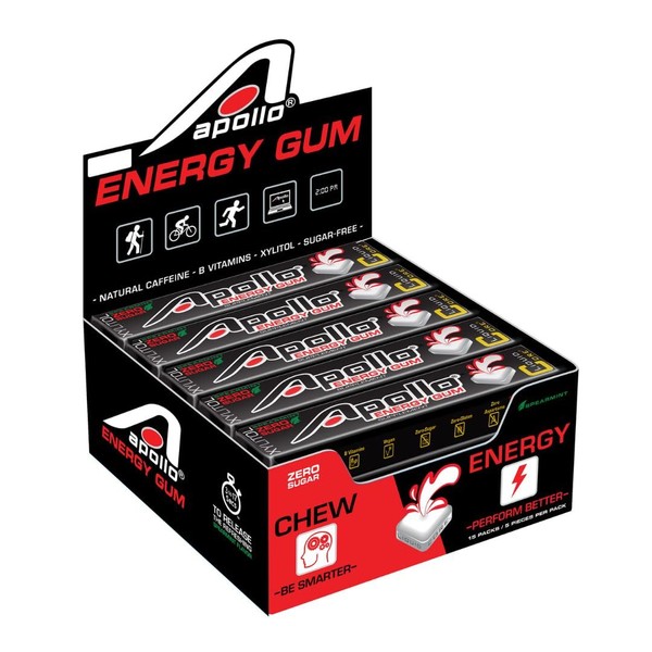 Apollo Energy Gum – Liquid Core Xylitol Gum – Sugar-Free, Aspartame-Free, Caffeinated Gum – Spearmint – 5 Pieces of Gum Per Pack (15 Pack)