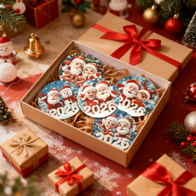 Santa Claus Christmas Tree Ornaments: 5pcs 2D Funny Flat Round
