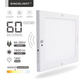 SINCELIGHT PIR LED Motion Sensor Ceiling Mounted Light Fixture, 18W Ultrathin Panel Shape, ON/Off Automatic, Dual Sensor Mode Switchable