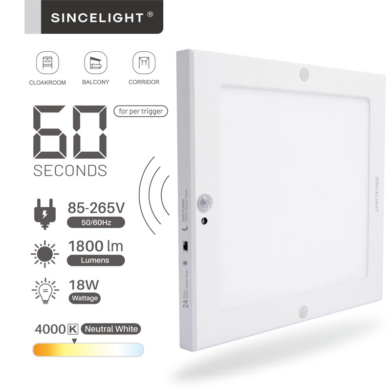 SINCELIGHT PIR LED Motion Sensor Ceiling Mounted Light Fixture, 18W