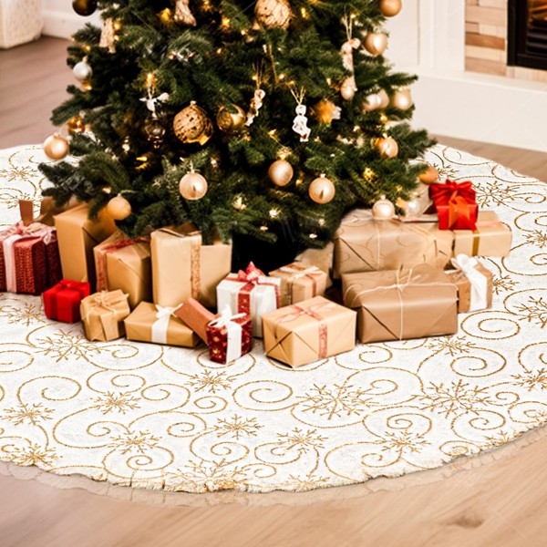 GIGALUMI Gonna per albero di Natale da 120 cm, bianco e oro, in pelliccia sintetica bianca come la neve, per Natale, vacanze, casa, feste, decorazioni (bianco/oro)