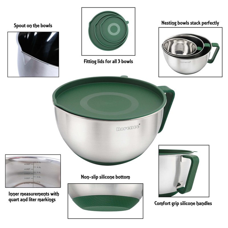 Rorence Mixing Bowls Set: Stainless Steel Non-Slip Bowls with Pour