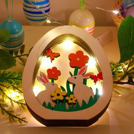 JOFONY Easter Bunny Lamps, Easter Decoration Wooden Rabbit LED Light Made of Wood Night Light Decorative, Rabbit Ornament LED Table Decoration for Easter Party Decoration