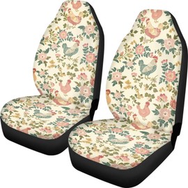 Talayituse Rooster Chicken Flower Print Car Seat Cover Front Seats Only Full Set of 2, Universal Bucket High Back Car Front Seat Covers