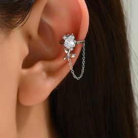 Aneneiceera Vintage Crystal Flower Ear Cuff Earrings Silver Rhinestone Rose Cuff Chain Earrings Cz Cartilage Chain Clip Earrings Minimalist No Piercing Earrings Jewelry for Women