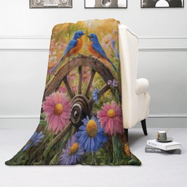 Kibue Blue Bird & Flowers Blanket, Soft & Warm Flannel Throw - Cozy Plush Lightweight Blankets for Travel, Decor, Bedroom, Office, Sofa for Adults Kids - Ideal for All Seasons 60"×50"