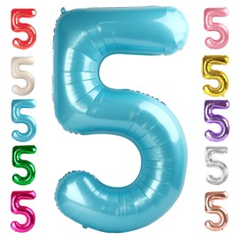 5 Balloons Number 40 Inch for 5th Birthday Decorations, Mylar Big Pearl Blue Foil Number Balloons for Wedding Anniversary Party Decor