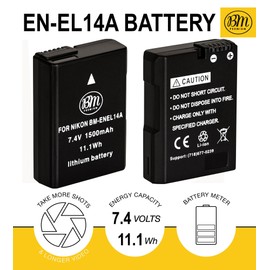 BM Premium EN-EL14A, EN-EL14 Battery and Charger for Nikon D3100, D3200, D3300, D3400, D3500, D5100, D5200, D5300, D5500, D5600, DF, Coolpix P7000, P7100, P7700 Digital SLR Cameras
