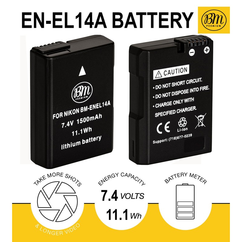 BM Premium EN-EL14A, EN-EL14 Battery and Charger for Nikon D3100,