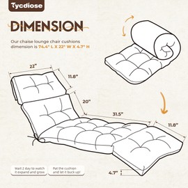 Tycdiose Outdoor Chaise Lounge Chair Cushion Waterproof 74.4 x 22 x 4.7 Inches Memory Foam Lounge Chair Cushions Replacement for Outdoor Furniture with Ties, Thickened Pool Lounge Chair Cushions, Grey