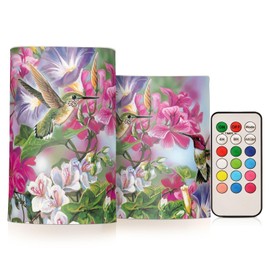 ALAZA Spring Hummingbird Flowers Flickering Flameless Candles Battery Operated with Remote Timer,Tea Light Candles LED Pillar Votive Candles Set of 2 for Outdoor Indoor Decorations