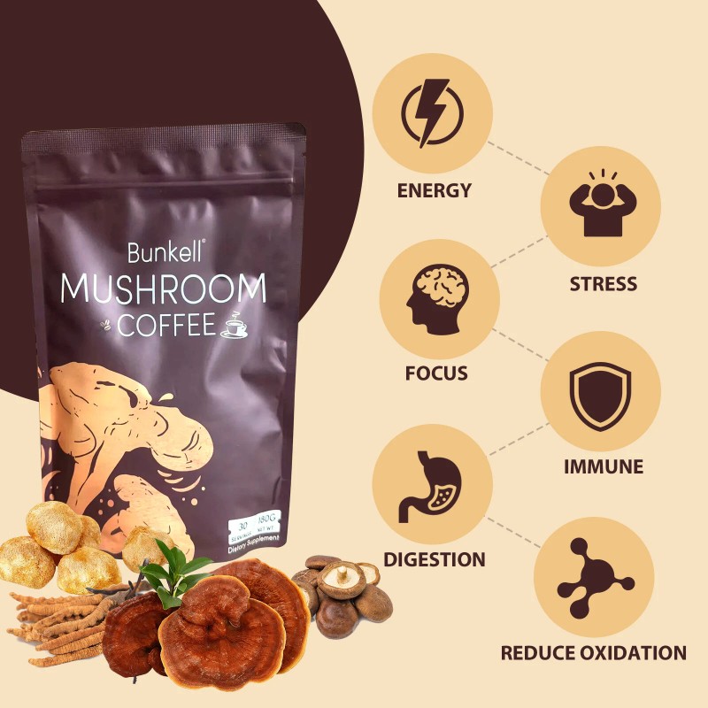 Bunkell Mushroom Coffee Lions Mane Turkey Tail Reishi 6-1N-1 Energy