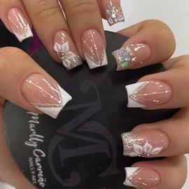 YOSOMMK Nude French Press on Nails Short Square Fake Nails with Flower Designs Glossy Sequins Stick on Acylic Nails for Women and Girls