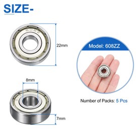 sourcing map 5pcs 608ZZ Deep Groove Ball Bearings 8 x 22 x 7mm High Carbon Steel Double Shield Bearings for Electric Motor, Home Appliances, Garden Machinery, Silver Tone