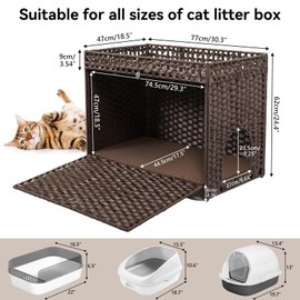 DOVEAID Cat Litter Box Enclosure Furniture Hidden, Pet House Litter Box Furniture for Large Cats, Handwoven Rattan with Door Cat Washroom Box, Indoor Cat House Storage with Soft Litter Mat, Brown