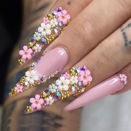 Press On Nails, Summer Spring Beauty Flower Fake Nails, Cute Stick on nails, Short Square Almond Ballet Shape Glue on Nails on 24PCs (Pink Flower Diamond)