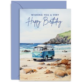 Traditional Male Birthday Card for Him - Campervan Coastal Beach Scene Birthday Card for Men - VW Camper Van Birthday Card for Dad, Uncle, Grandad, Brother | Blank Inside Envelope